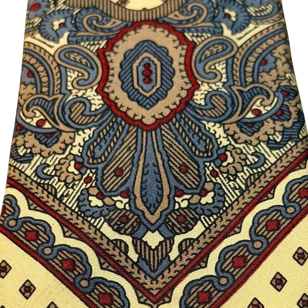 Nicola Paone Silk Tie Yellow Cream Paisley Geometric Handmade Italy Necktie Vtg